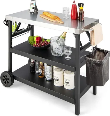 Produktbild von GOPLUS Grilltisch, 3-stufiger mobiler Esstischwagen mit verstellbarem Regal, Handyhalterung, Gewürzregal, Handtuchhalter, Garagenregal, Taschenhalter & Haken