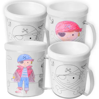 Produktbild von 4x Kinder Becher Kindertasse Kinderbecher Trinkbecher Piraten Motiv zum Ausmalen