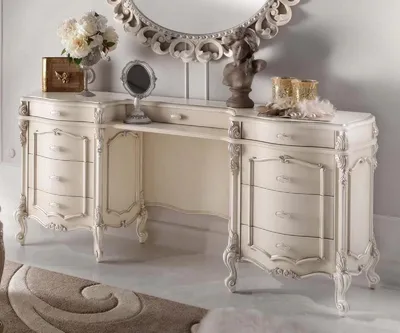Produktbild von Casa Padrino Luxus Barock Schminkkommode Cremefarben / Silber - Edler Massivholz Schminktisch mit 9 Schubladen - Barock Schlafzimmer Möbel - Luxus Qualität -  Italy