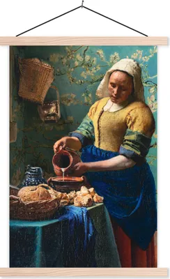 Produktbild von MuchoWow® Textilposter Milchmädchen - Mandelblüte - Van Gogh - Vermeer - Gemälde - Alte Meister 40x60 cm mit holzfarbenen Rahmen - Poster