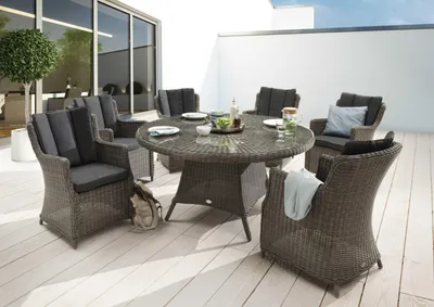 Produktbild von Destiny Sitzgruppe Luna 6 Sessel + Tisch Ø150x75cm, Polyrattan, Vintage grau