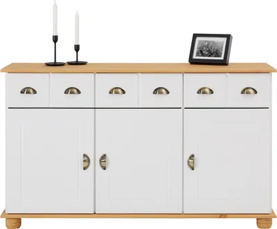 Produktbild von Apothekerkommode COLMAR, Weiß/Braun - Sideboard mit 3 Schubladen und 3 Türen, im Landhausstil, Kiefer Massivholz, Muschelgriffe aus Metall, ideal für Flur, Schlafzimmer oder Wohnzimmer