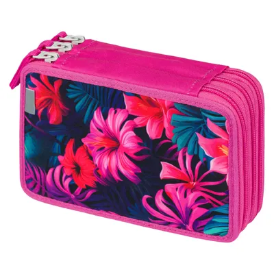A close-up, studio shot of a floral pencil case.