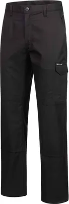 A pair of black work pants shown from the front.