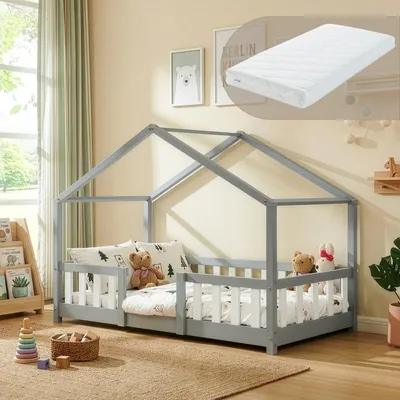 Image de Lit bébé "Treviolo" avec matelas et barrière de sécurité, dimensions 80x160 cm, couleur gris clair/blanc