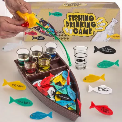 Productafbeelding van Drinkspel vissen - Visplezier met boot - 6 borrelglazen - Hengel - 24 kleurrijke vissen voor oudejaarsavond