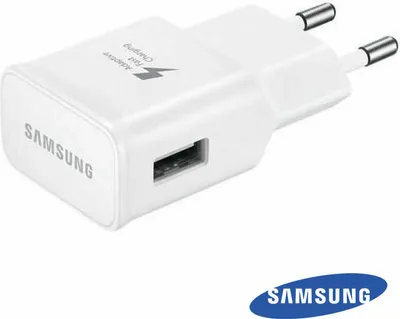 A white Samsung fast charging adapter with a USB port and European plug prongs.