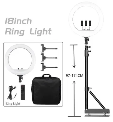 Image de Lampe annulaire LED - 46 cm - Avec trépied de 170 cm - Lumière bicolore 3300–5600 K - Intensité réglable de 1 à 100 % - Pour smartphone et vidéo