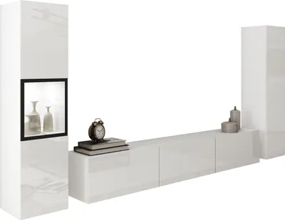 Produktbild von MIRJAN24 Wohnwand Berlin III, Stilvoll Wohnzimmer-Set, TV-Schrank, Modern Mediawand (Weiß / Weiß Hochglanz, mit Beleuchtung)