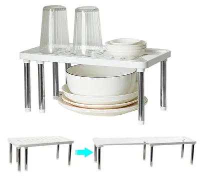 Image de TRANKIELO® - Étagère de cuisine extensible – Organisateur pour armoire de cuisine – Étagère en plastique extensible – Blanc
