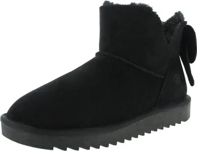 A black winter boot with a bow on the back, shown from the side against a white background.