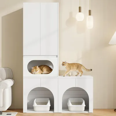 Produktbild von Merax Katzenschrank 140x45x195 cm, Katzentoilettenschrank mit Stauraumhochschrank und Katzenhöhle, Haustierschrank für 2 Katzentoiletten, Weiß
