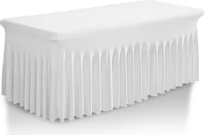 A white table skirt with pleats is shown on a white background.