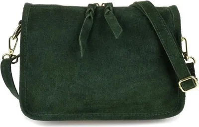 A dark green suede handbag is shown against a white background.