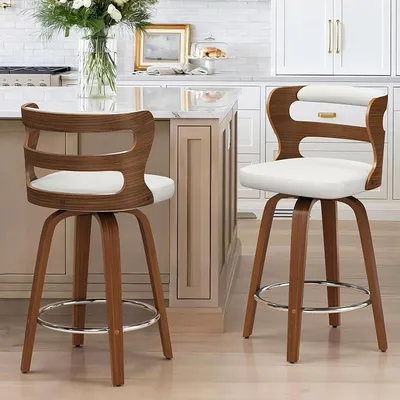 Imagen del producto de Juego de 2 taburetes de bar giratorios de 360°, con respaldo y reposabrazos, de 66 cm de altura. Taburetes de madera con asiento de cuero sintético, diseño moderno para barras, color blanco y nogal