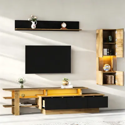 Image de Ensemble de meubles TV 3 pièces avec éclairage LED pour salon : ensemble de meubles de salon comprenant 1 meuble TV, 1 vitrine de salon et 1 étagère suspendue, noir