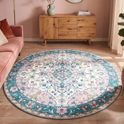 Produktbild von Volero - Teppich Vintage Rund - Lily Oriental Blau Rosa - Ø 140 cm - Wohnzimmer, Esszimmer, Schlafzimmer - Klassik
