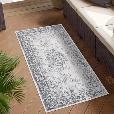 Produktbild von Teppich Outdoor Wetterfest - Grau - Wendeteppich - 80x150 cm - Ornamente