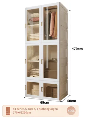 Produktbild von Kleiderschrank - Aufbewahrungsschrank - 69 × 50 × 170 cm - Kunststoff - Magnettüren - Kleiderstange - 8 Schubladen - Mehrfarbig