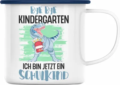 Produktbild von Trendation - Einschulung Junge Dino Geschenk für Schultüte Füllung Emaille Tasse Schulstart 1. Schultag Schuleinführung Schulanfang Geschenkidee Schulkind 2022 (Blau)