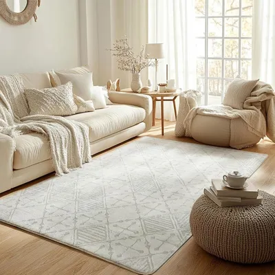 Produktbild von Teppich Kurzflor Geometrisch 120x160cm Grau Creme Weiß Antirutsch