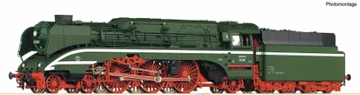 A model of a green steam locomotive with red wheels and white trim, set against a white background.