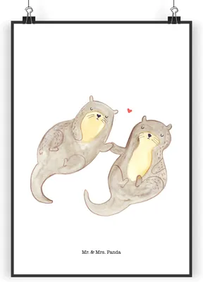 Produktbild von Mr. & Mrs. Panda Bild Otter Hände halten DIN A4 - Weiß - Geschenk, Seeotter, Verliebt, glücklich, wanddeko, Kunstdruck, Wandbild, drucke, Paar, Liebe, Plakat