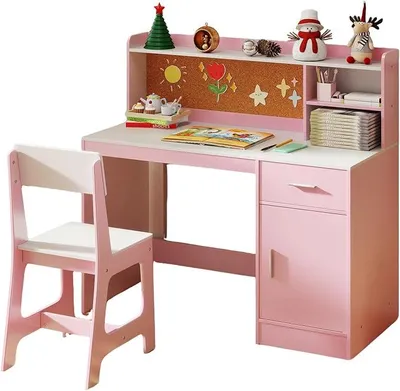 Imagen del producto de Escritorio infantil con silla, escritorio de madera para niños con estantería, cajón, armario y panel de anuncios, escritorio juvenil para comer, estudiar, dibujar, ideal para niñas y niños de 3 a 8 años (rosa)