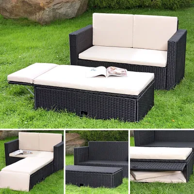 Image de Mucola Meubles de jardin en poly rotin Lounge Fauteuil Canapé Banc Table Repose-pieds pliable Set de jardin en rotin Outdoor - Noir