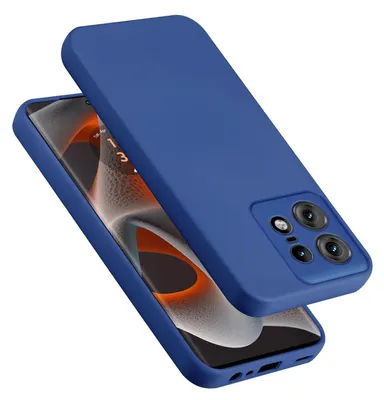 A blue phone case is shown on a white background, with a smartphone partially visible underneath.