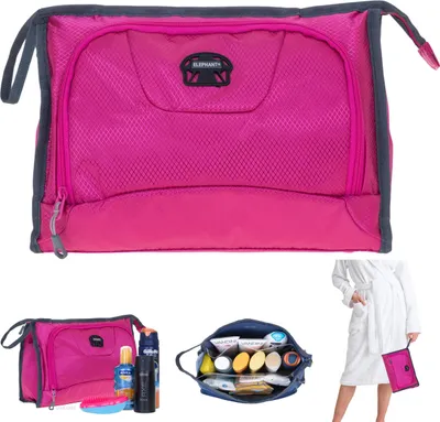 Collage of images showing a pink toiletry bag from different angles and in use.