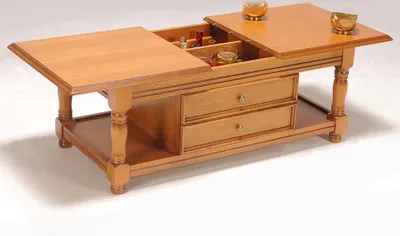 Produktbild von Couchtisch aus Eiche rustikal, mit ausziehbaren Tischplatten und 2 Zierschubladen