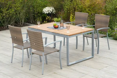 Produktbild von Merxx Gartenmöbelset "Savona" 5tlg. mit Ausziehtisch 150/200 x 90 cm - Aluminiumgestell Silber mit Kunststoffgeflecht Naturgrau und Akazienholz