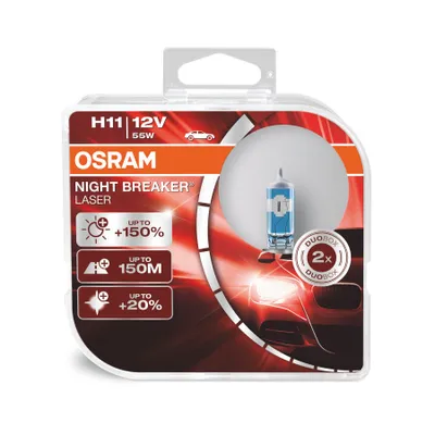 Product packaging for OSRAM NIGHT BREAKER LASER H11 headlight bulbs.