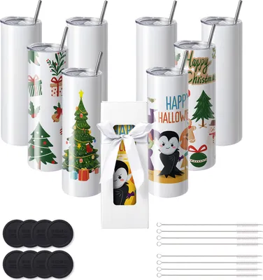 Obrázek produktu pro VEVOR 8-pack rovný sublimační hrnek, prázdný hrnek o objemu 887 ml, dvoustěnný hrnek z nerezové oceli s brčkem, víčko, štětec, podstavec, smršťovací fólie, dárková krabička, pro tepelný tisk a tepelný transfer