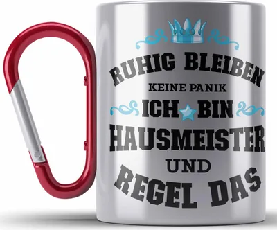 Produktbild von Trendation - Hausmeister Edelstahl Tasse Karabiner Lustiges Geschenke Lustig Spruch Haustechniker Geschenkidee Sprüche Keine Panik (Rot)
