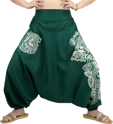 Produktbild von Weite Aladinhose | Haremshose mit Tasche | Pluderhose mit indischem Muster | Pumphose mit breitem Bund | Uni | Grün | Baumwolle | Größe: S/M