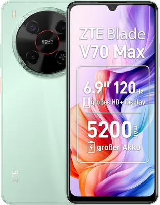 A marketing image of a ZTE Blade V70 Max smartphone, showing its rear camera and front display with feature callouts.