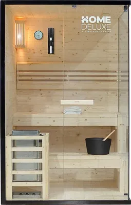 Produktbild von Home Deluxe Sauna SHADOW M, Traditionell, 120 x 120 x 190 cm, 3.6 kW Saunaofenleistung, Fichtenholz, ESG Sicherheitsglas, Schwarzrahmen, Naturholz, 220-240V AC, Modernes Design
