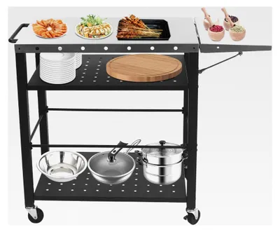 Produktbild von Grillwagen, abschließbarer Edelstahl Servierwagen mit Universalrädern, Arbeitsfläche und Beistelltisch für Outdoor Camping Garten, 85 x 55 x 81 cm