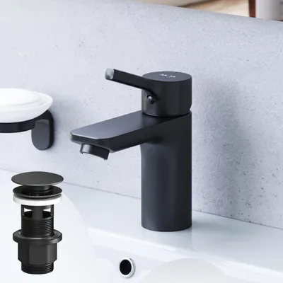 Productafbeelding van AM.PM Badarmatuur met pop-up afvoer voor wastafel, zwart. Wastafelkraan met afvoerset, 1 1/4 inch, messing. Ventilafvoer