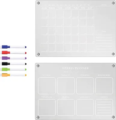 Obrázok produktu pre Transparentný magnetický chladničkový kalendár, týždenný alebo mesačný, 6 tekutých značkovačov + handra a hubka, 40 x 30 cm, týždeň - Calendary
