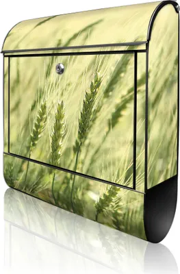 Zdjęcie produktu dla banjado Design Skrzynka pocztowa stalowa czarna z przegródką na gazety, malowana proszkowo „Junges Getreide” 38 x 46 x 12,5 cm i 2 klucze – skrzynka pocztowa A4 z otworem na listy, wraz z materiałami montażowymi [BK 11376]