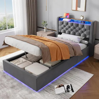 Produktbild von MODFU Boxspringbetten 90 x 190 mit Bettkasten,Jugendbett mit Stauraum-Kopfteil,Polsterbett mit LED und Steckdose,ohne Matratze,Dunkelgrau
