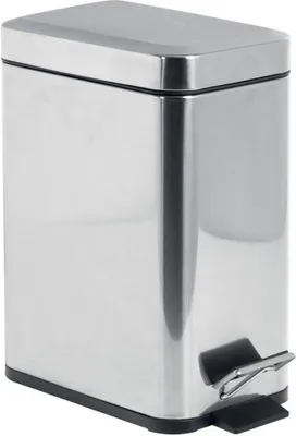 A stainless steel pedal bin with a black pedal.