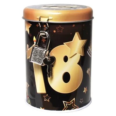 Produktbild von 1 Spardose "18" schwarz/gold mit Schloss  11 x 8 cm Sparbüchse 18.Geburtstag