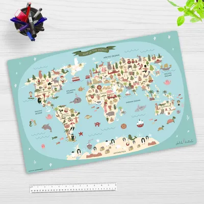 Obrázek produktu pro Dětská podložka s mapou světa, vyrobená z odolného vinylu, rozměry 60 x 40 cm