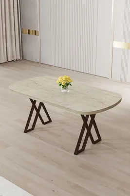 Produktbild von Skye Decor, Hochwertiger Esstisch 168 cm, Travertin & Braun, 100% MDF, Metallbeine