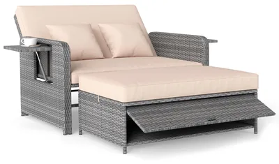 Produktbild von COSTWAY Polyrattan Sonnenliege, Gartenliege mit verstellbarer Rückenlehne & ausklappbarem Seitenablage, Loungebett, Doppelliege Gartensofa Beige