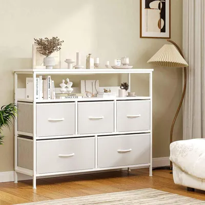 Imagen del producto de Cómoda Zimilo con 5 cajones de tela y estante abierto, mueble de TV robusto, armario de almacenamiento grande para sala de estar y dormitorio, color blanco